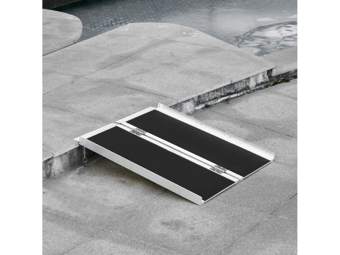 Plataforma Transposição Dobrável Antiderrapante Cadeira Rodas Alumínio Preto, 91x72x5cm, Cabo Segurança, Capacidade 270kg