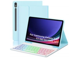 Lurelia Capa Com Teclado Bluetooth Para Samsung Tab S7 Plus 12.4" Retroiluminação Colorida, Layout Pt, Azul E Branco