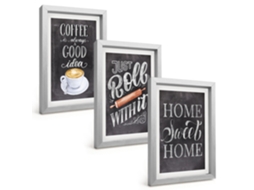 Conjunto De Pinturascafé, Rolo, Aconchego Do Lar Moldura Prateada Quadros Para A Sala De Estar Espelharte (3 Peças 20x30 Cm)