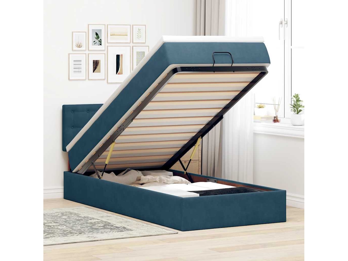 Vidaxl Estrutura Cama Otomana Com Colchão Azul Escuro 90x190cm Veludo