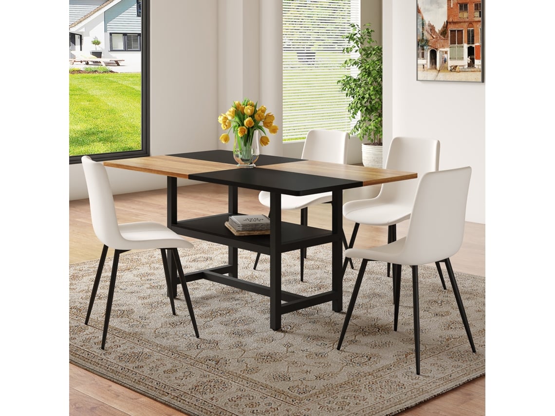 Conjunto De Mesa De Jantar Retangular 160 Cm Com Arrumação E 4 Cadeiras Brancas Em Pu Com Assentos Largos