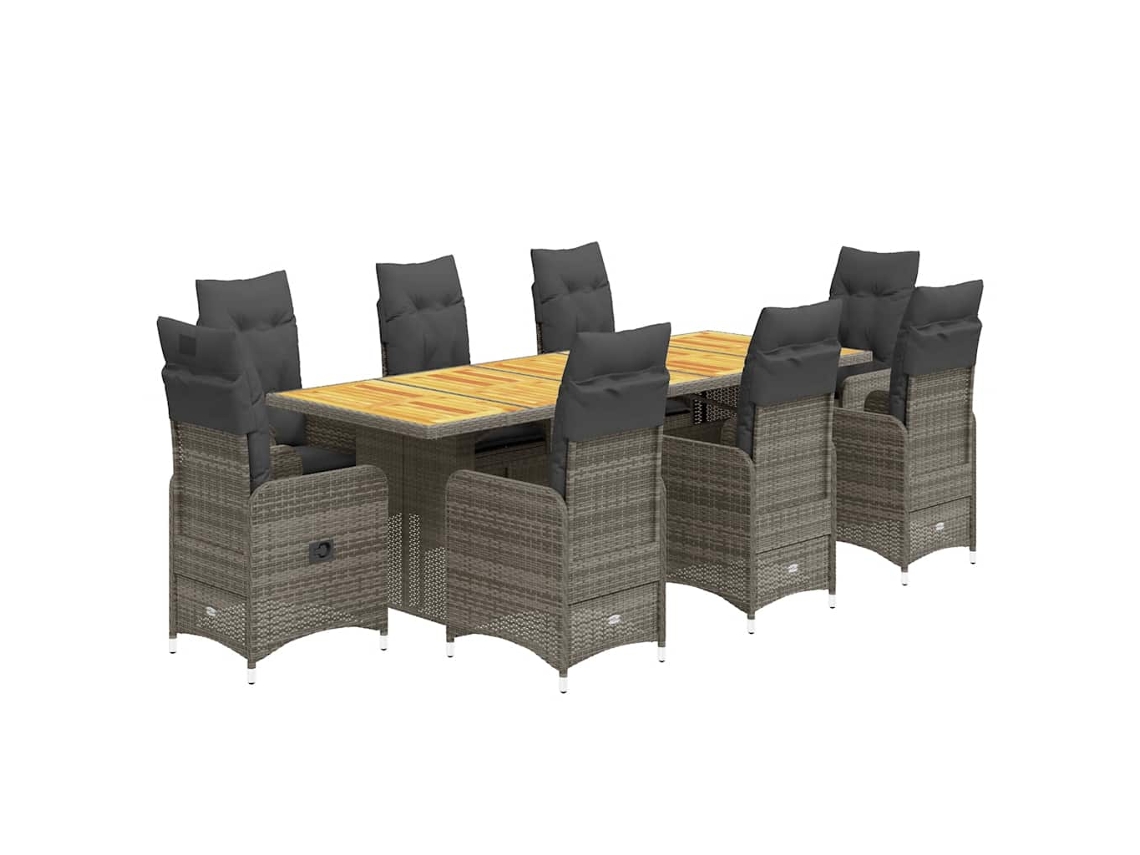 Conjunto 9 bistrô de jardim c/ almofadões VIDAXL vime PE cinzento