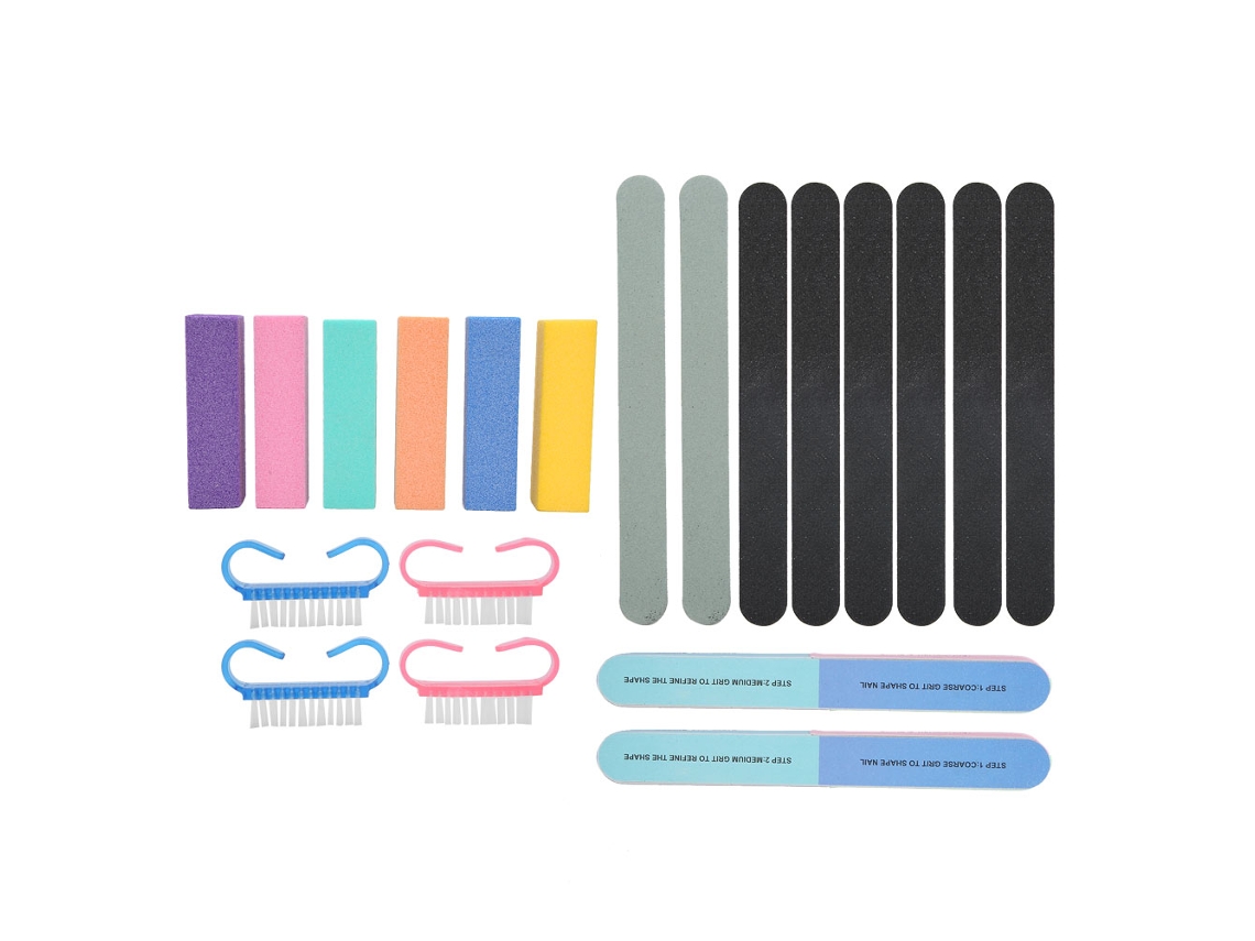 Conjunto de manicure profissional com 20 peças, incluindo lixa, bloco polidor e escova para nail art.