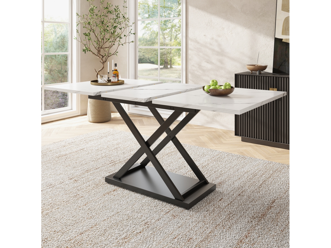 Mesa Telescópica 120-160×80cm Pés Cruzados Tampo Imitação Mármore Branco Para Cozinha E Sala