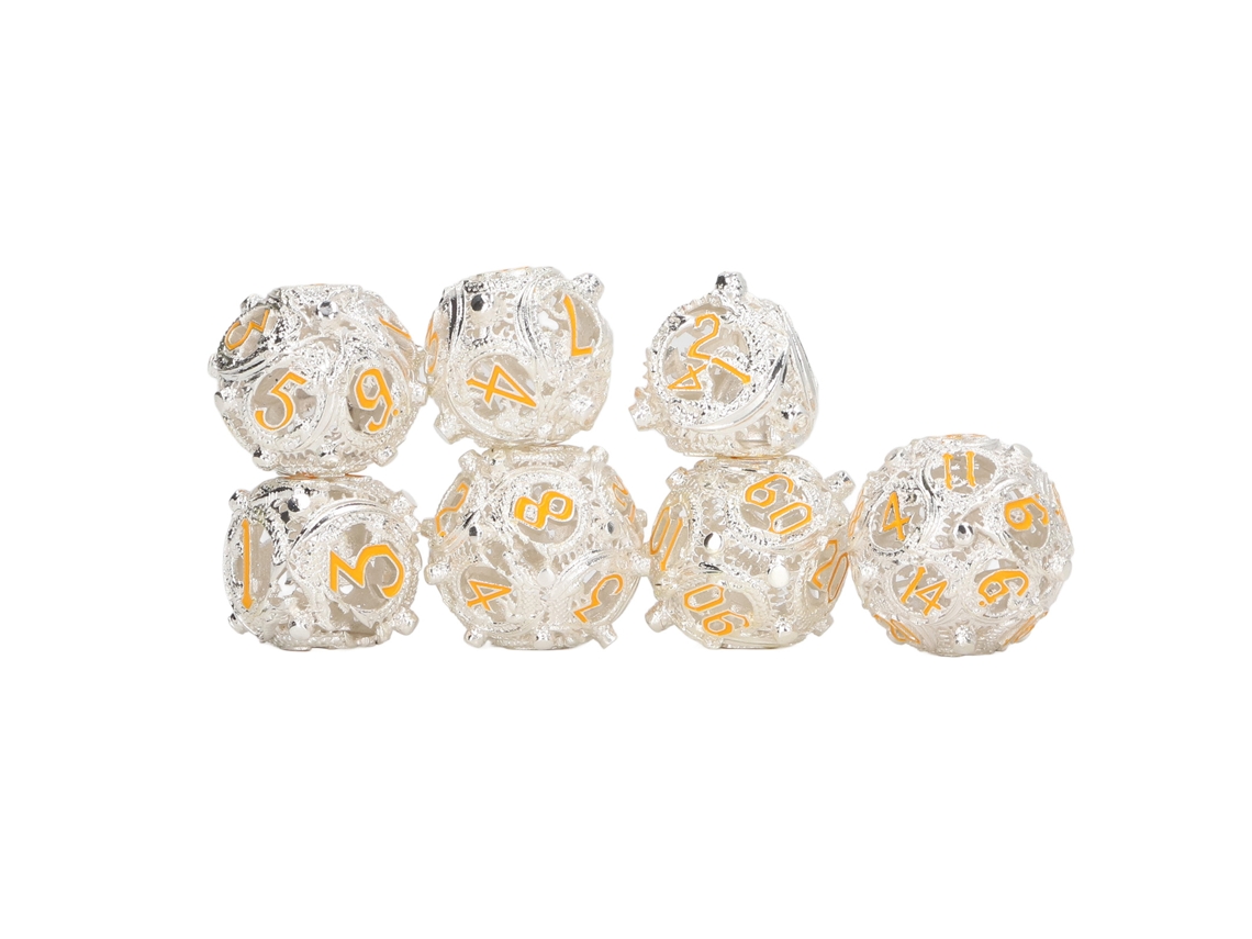 Ats set de 7 Dados Huecos de Cobre Metal Equilibrados Grabados Poliedros para Juegos de Mesa Platsa Amarillo