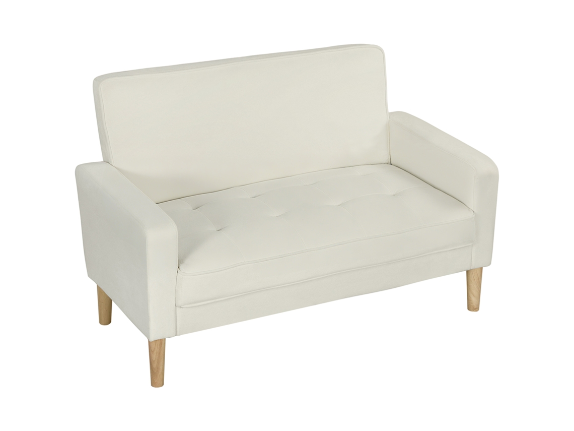 Sofá De 2 Lugares Estofado Em Veludo Com Assento Capitonê E Pés Em Madeira Para Espaços Pequenos 130x74,5x82 Cm Creme