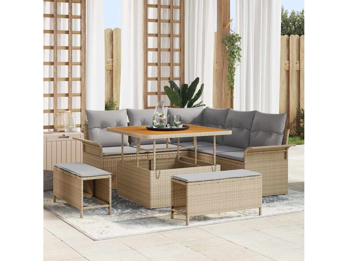 Vidaxl Conjunto De Sofá De Jardim Com Almofada 8 Pcs Bege Vime Pe