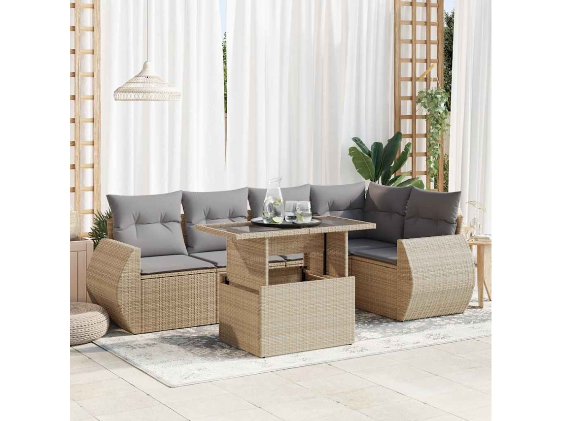 Vidaxl 6 Pcs Conjunto De Sofás P/ Jardim Com Almofadões Vime Pe Bege