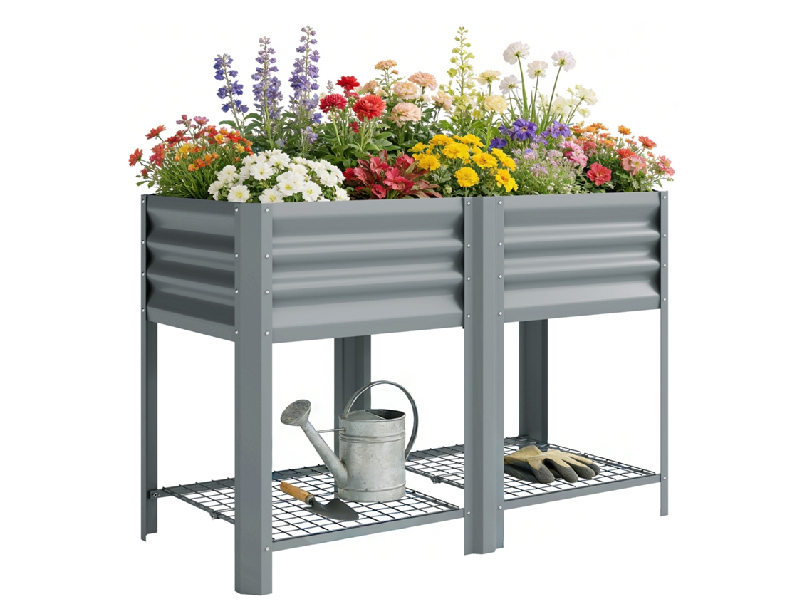 Horta Elevada com Prateleira Inferior. Mesa de Cultivo em Metal Galvanizado com Forro 120x55x80 Cm Cinzento Prateado Ge