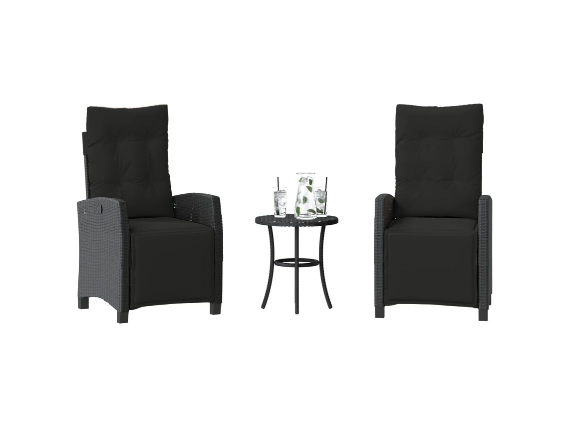 Vidaxl 3 Pcs Conjunto de Bistrô com Almofadões Vime Pe Preto