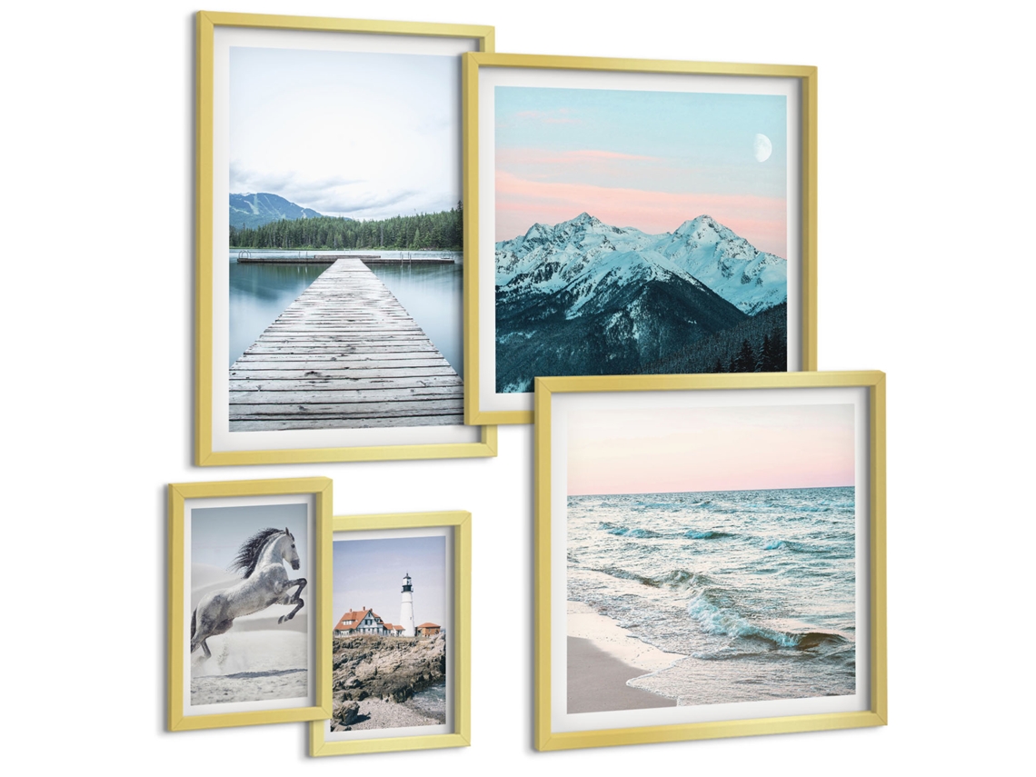 Pinturas Murais Modernas Cachoeira, Floresta, Montanhas, Veado Natureza Moldura Dourada Quadros Para O Escritório Espelharte (conjunto De 5 Imagens)