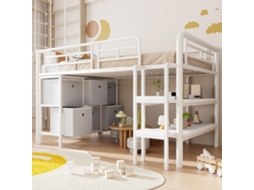 Cama Infantil Metal 90x200cm, Escada Larga Cantos Arredondados. Gavetas Prateleiras Organização Branca. Cs