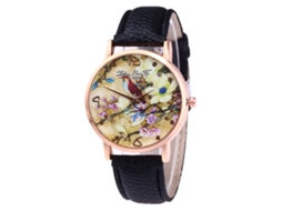 Reloj De Pulsera De Cuarzo Con Correa De Pu Patrón Flor Y Ave Zhoulianfa Negro Unisex