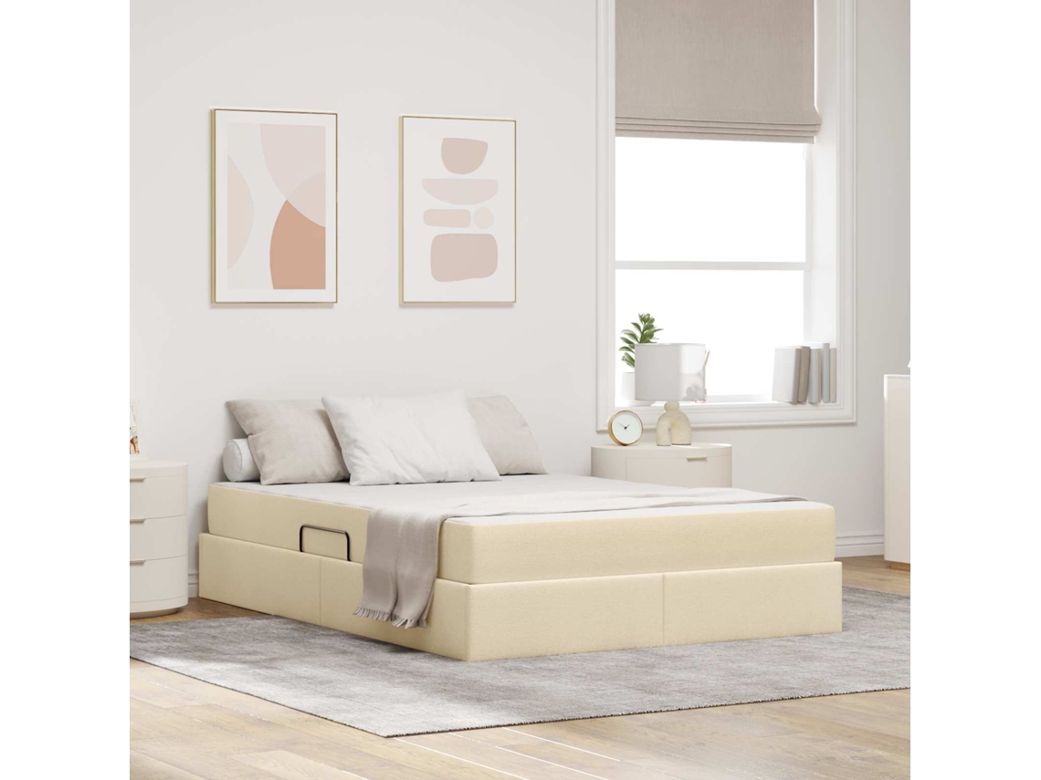 Vidaxl Cama Com Arrumação E Colchão Creme 140 X 190 Cm Poliéster