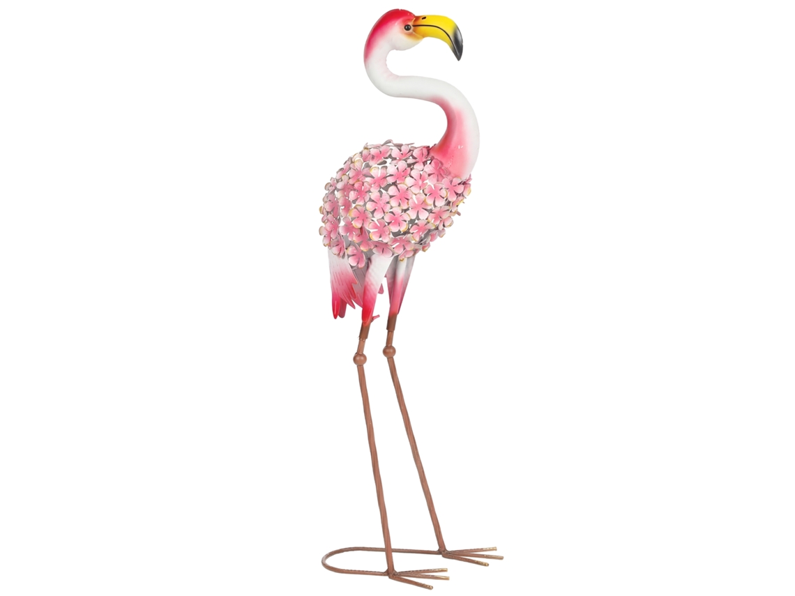 Estátua Jardim Flamingo Escultura Pássaro Metal com Penas Florais 28x19x83cm Vermelho