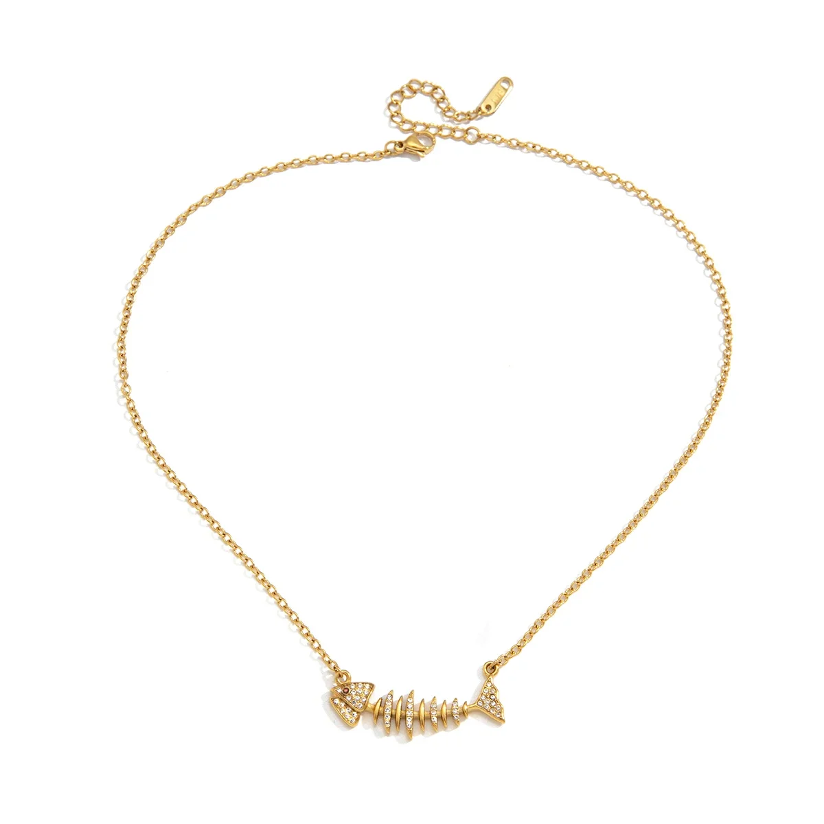 Colar Com Pingente Em Formato De Espinha De Peixe Banhado A Ouro E Strass Branco, Estilo Férias Na Praia.