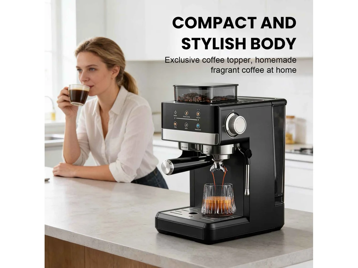 Máquina De Café Espresso Automática Com Moedor Integrado, Vaporizador 360°, Sistema Pré-infusão, Tanque Removível, Design Compacto Preto
