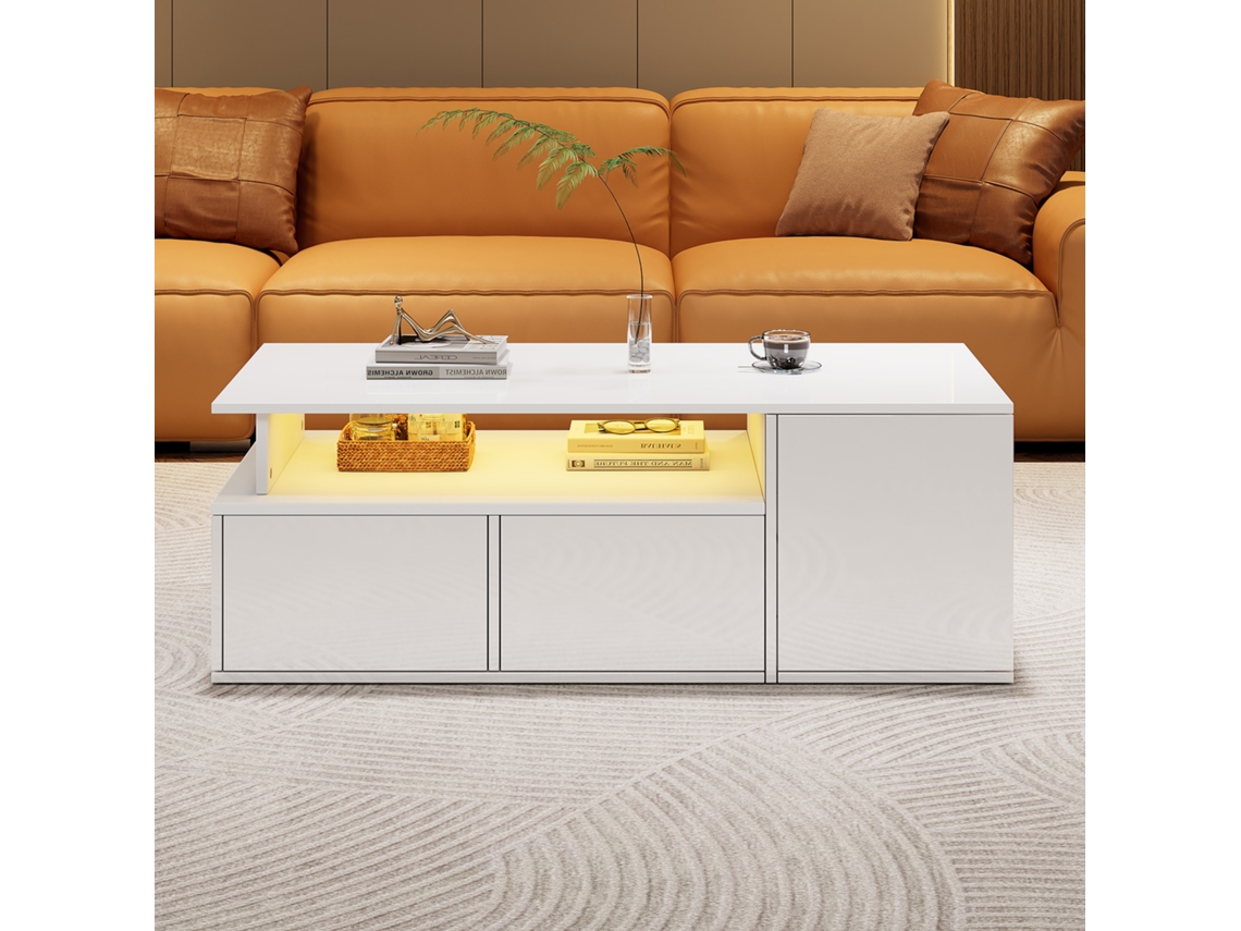 Mesa de centro Branca Led 100x50x35 cm com PAPRIKA, 2 gavetas e capacidade para 60 kg, ideal para arrumação numa sala de estar moderna.