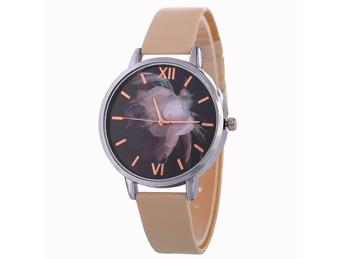 Relógio de Pulso Feminino com Mostrador Preto e Pulseira de Couro Bege