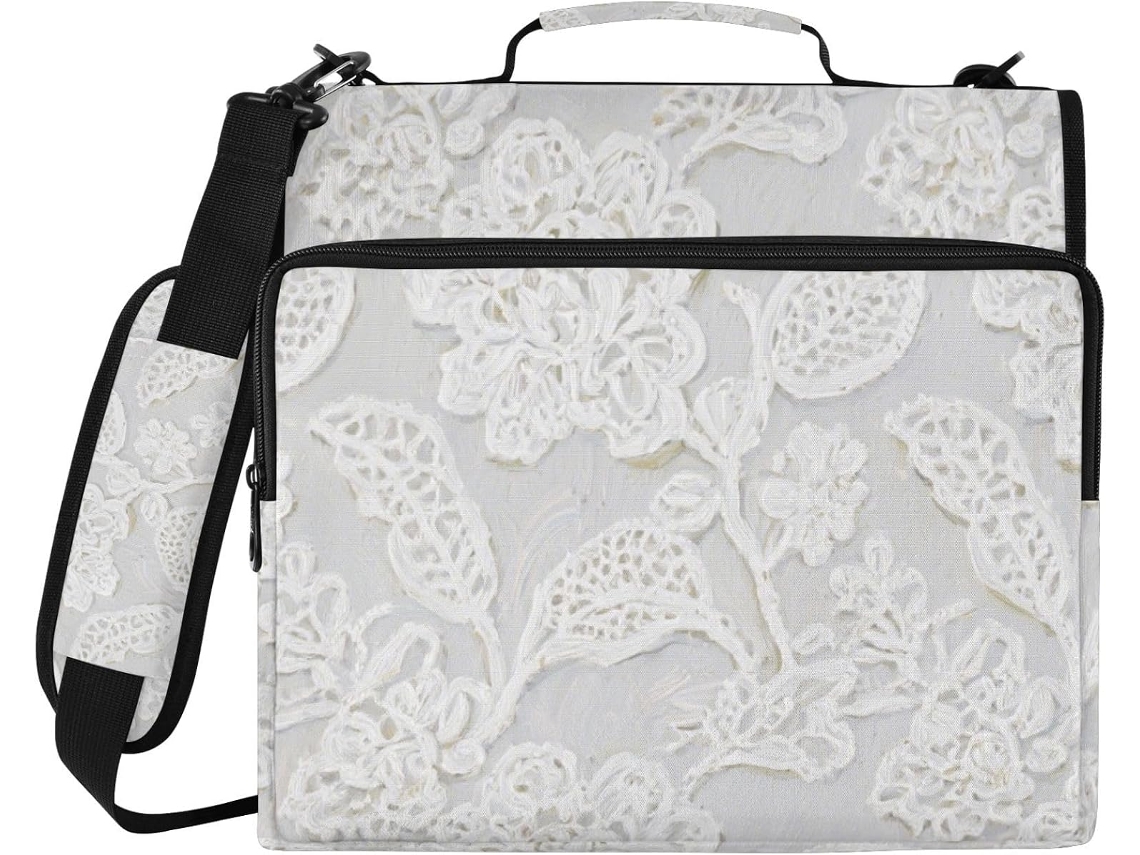 Bolsa Organizadora Portátil Cartera com 3 Argolas, Zíper, Alça de Ombro e Mão, Branca, 3,8 Cm Seguro