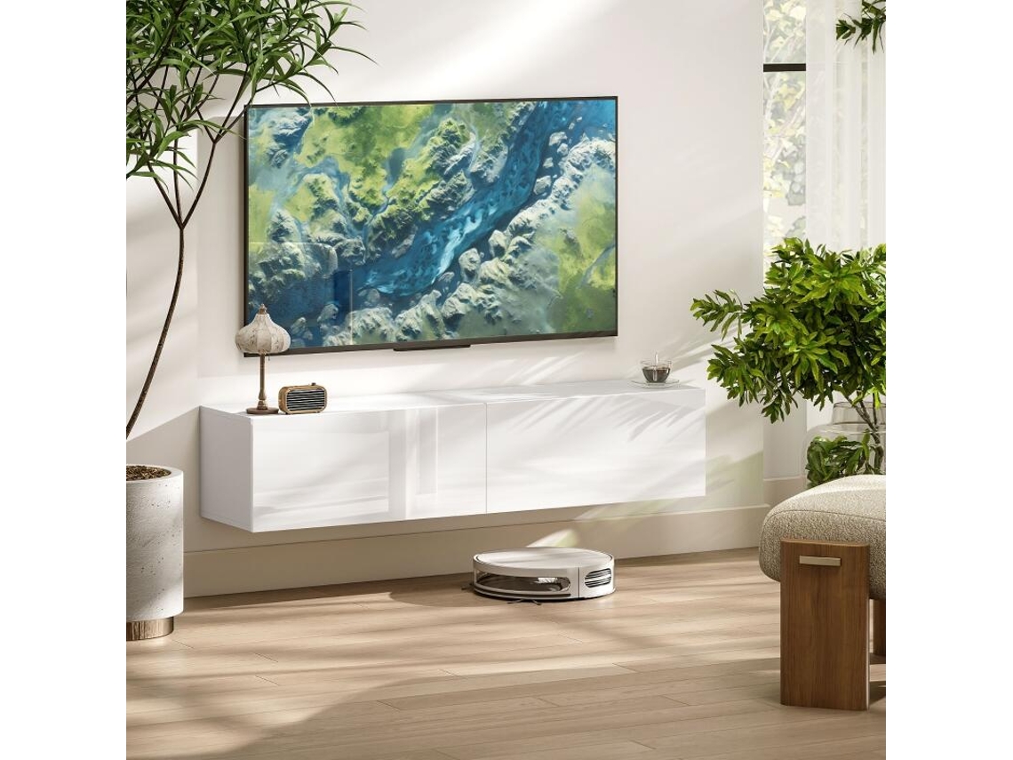 Móvel De Tv Suspenso Para Televisores Até 45, 55, 65 Polegadas, Com 2 Armários Com Portas, 140 X 33 X 29,8 Cm, Branco