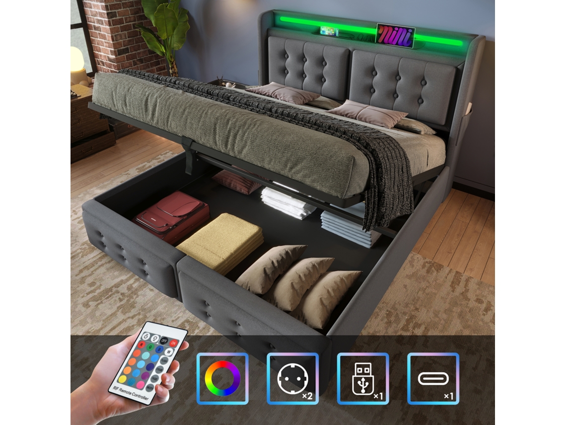 Cama 140x200 Estofada Com Led Usb-c E Baú Cinza