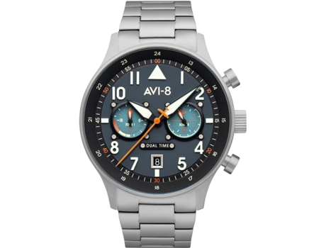 Relógio masculino prata aço inoxidável tartaruga dupla hora Av-4088-22 AVI-8
