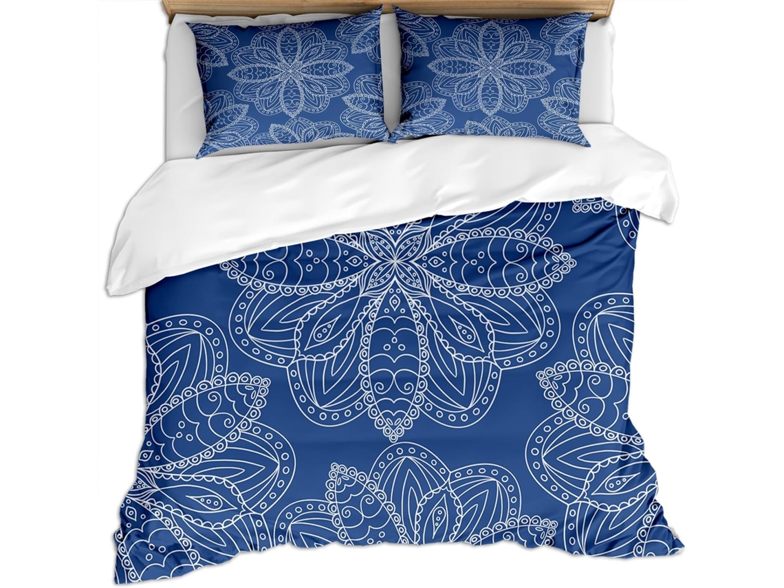 Capa de Edredom Estampa Mandala Azul e Branca em Microfibra Fronha 220x240 Cm (LxA)