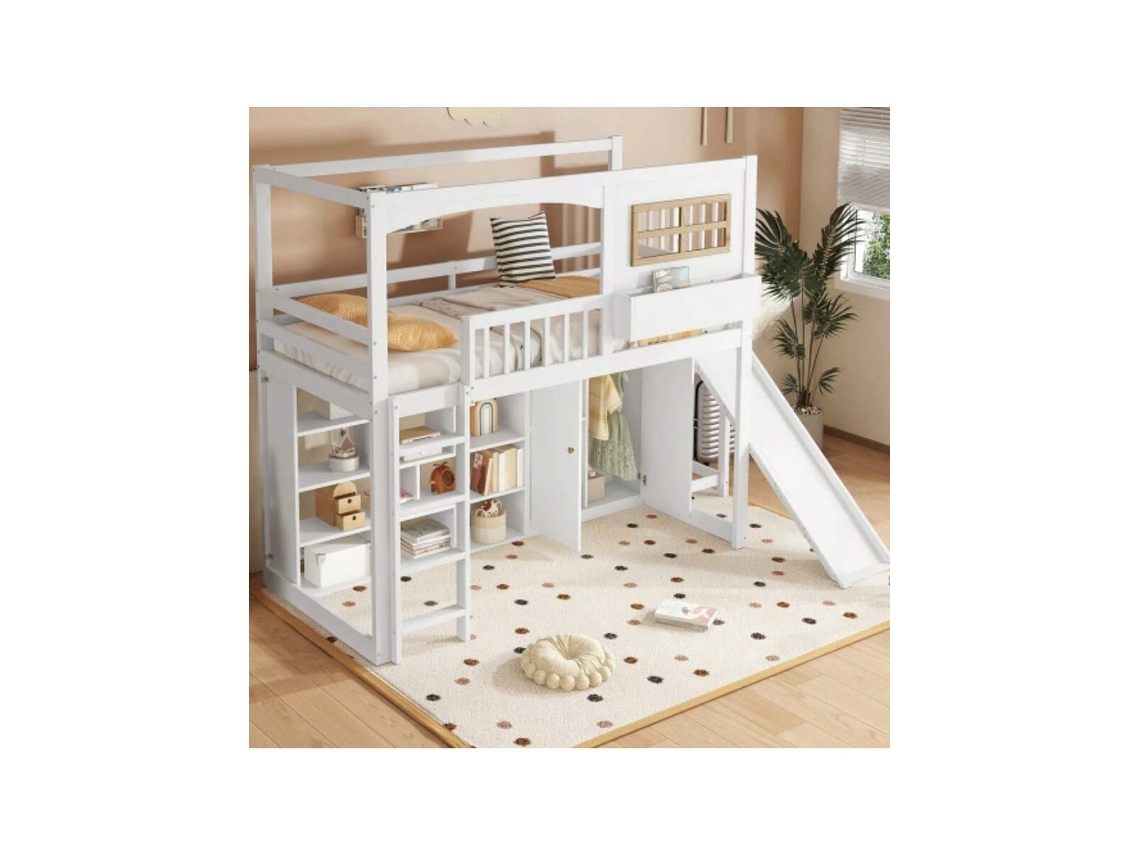 Beliche, Cama Infantil, Com Portão De Segurança, Com Escorregador E Guarda-roupa Infantil, Amplo Espaço De Armazenamento, Com Escada De Quatro Degra
