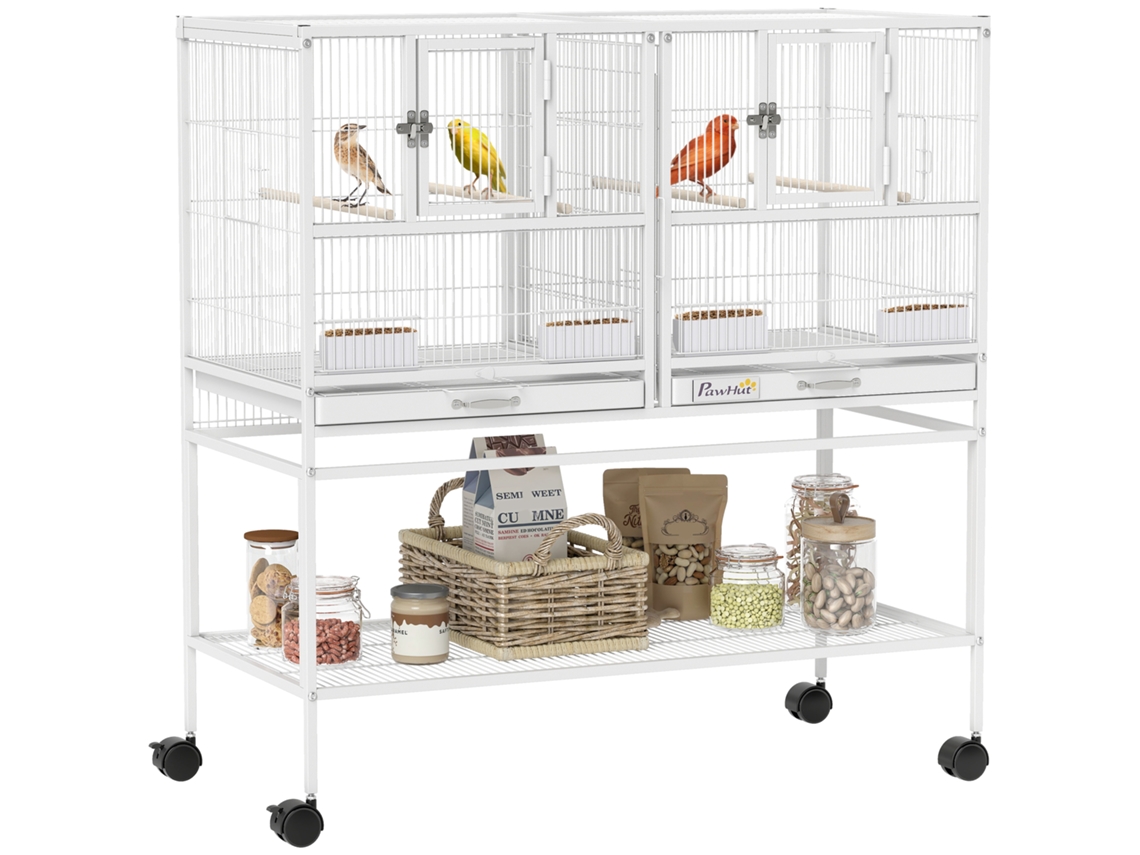 Gaiola Grande para Pássaros com Rodas Divisórias 4 Comedouros 4 Poleiros de Prateleira 2 Bandejas Removíveis 95x45,5x102 Cm Branco Ge