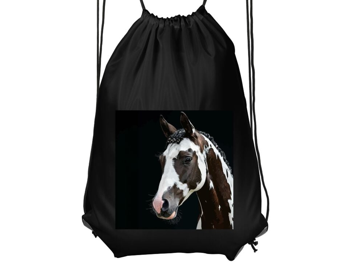 Mochila de Ginástica Infantil- Confortável e Prática, Preta, com Elegante Estampa de Cavalo Manchas Pretas e Brancas Sobre Fundo Escuro BRILVIBERA