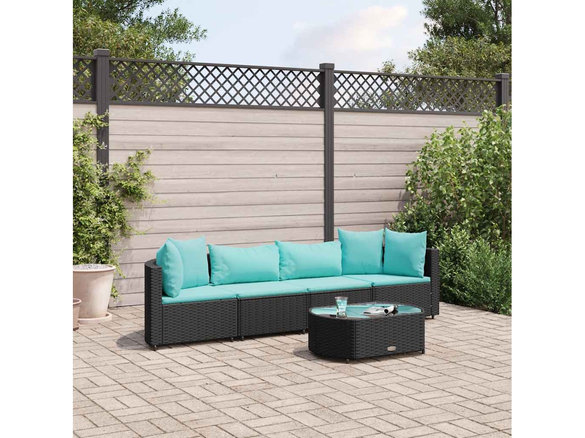 Vidaxl 5 Pcs Conjunto Sofás De Jardim Com Almofadões Vime Pe Preto
