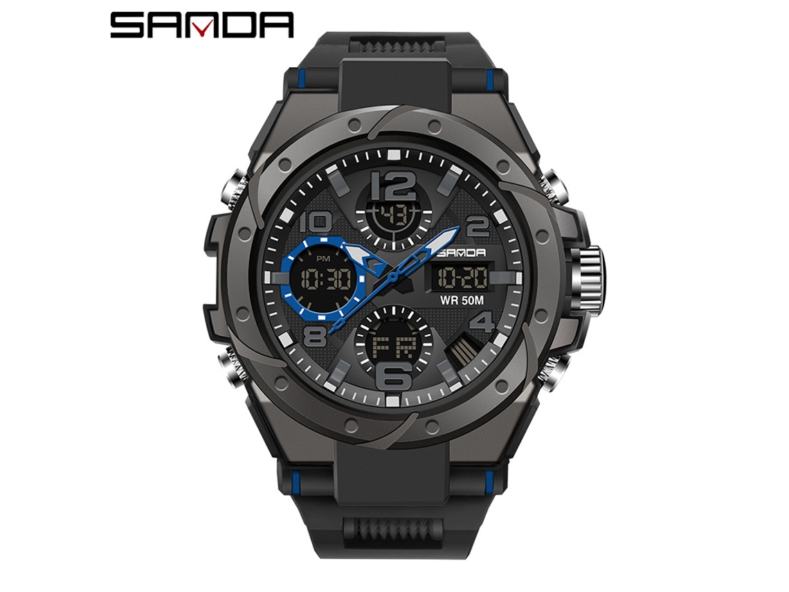 Relógio MDUG multifuncional luminoso, esportivo, à prova d'água, estilo harajuku (preto e azul masculino)