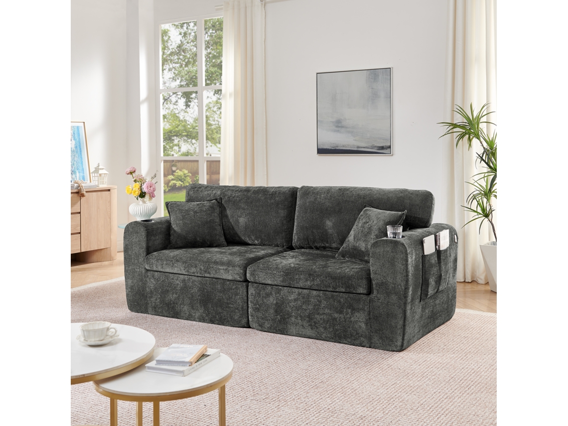 Sofá relax de 2 lugares, tecido de chenille, bolso lateral, porta copos, preto NOVELA