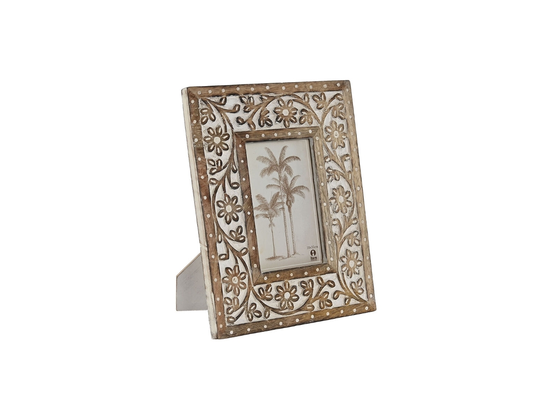 Moldura de Fotos HOME ESPRIT Branco Natural Cristal Madeira de mangueira Índio 21 x 2 x 26,5 cm