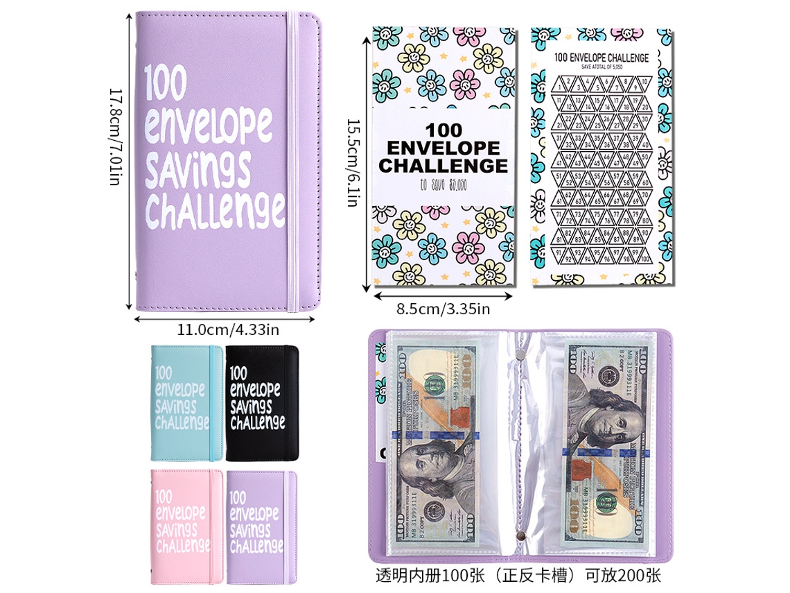 A6 Purple 100-days Money Saving Envelope Budget Storage Book With Vertical Ribbon, 50-sheets