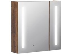 Espelho de Banheiro de Armazenamento com Luzes Led Ajustáveis, Armário do Banheiro com 2 Portas Espelhadas e Prateleira 70x15x65cm Marrom