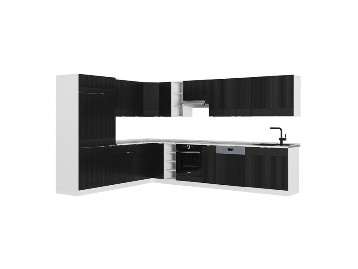 Cozinha Em Ângulo Fame-line, 347x257cm, Pt Mármore, Preto Listrado/branco, Branco, Vicco