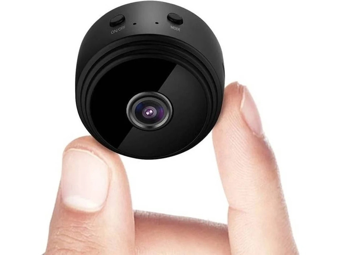 Mini câmera espiã HD 1080p com Wi-Fi, visão noturna e detecção de movimento, preta.