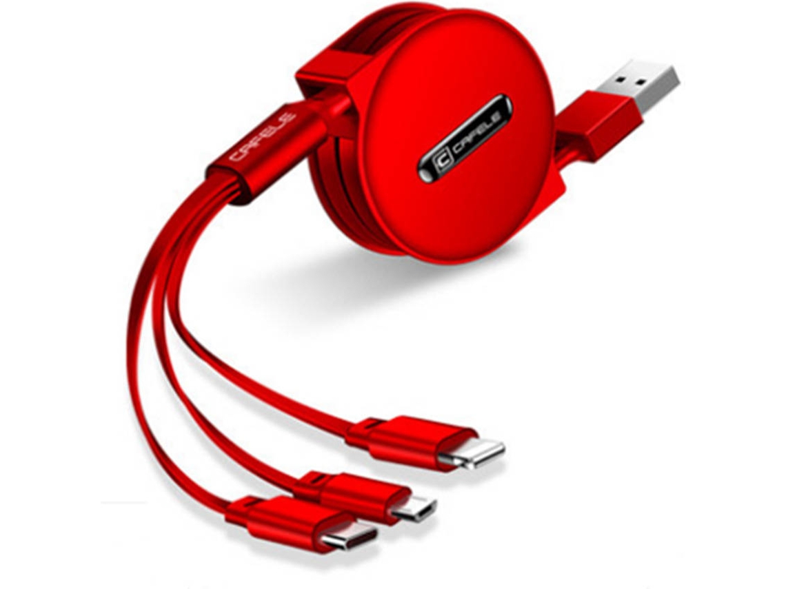 Cabo WJS Multifuncional Data Line 3 in 1 (Lightning, Micro USB, USB-C - Vermelho)