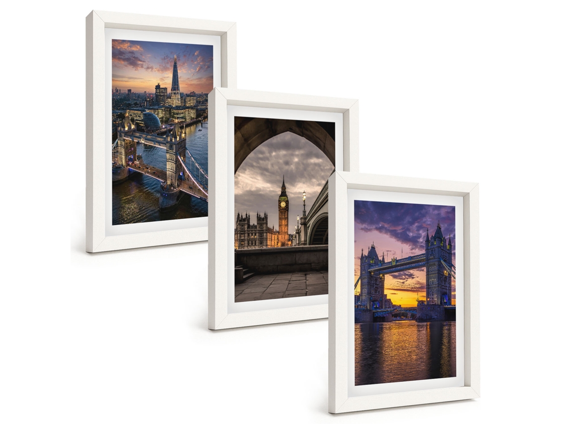 Galeria De Pinturas Murais Cidade, Pontes, Torres De Relógio Moldura Branca Fotos Para O Escritório Espelharte (3 Peças 20x30 Cm)