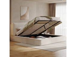 Cama Estofada 180x200 - Hidráulica, Com Estrado E Cabeceira Acolchoada - Bege Chenille