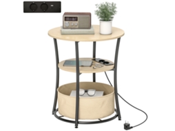 Mesa Lateral Redonda 3 Níveis com Estação de Carregamento, Prateleiras e Bolsa Ø50x55,1 cm NATURAL ORBITRA COMMERCE