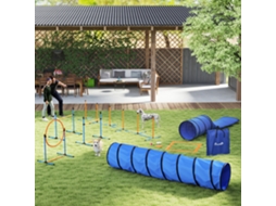 Conjunto Agilidade P/cães 11pç. Equipamento Destrezo C/2 Túneis Altura Ajust. Anel Salto Barreiras Var. Slalom