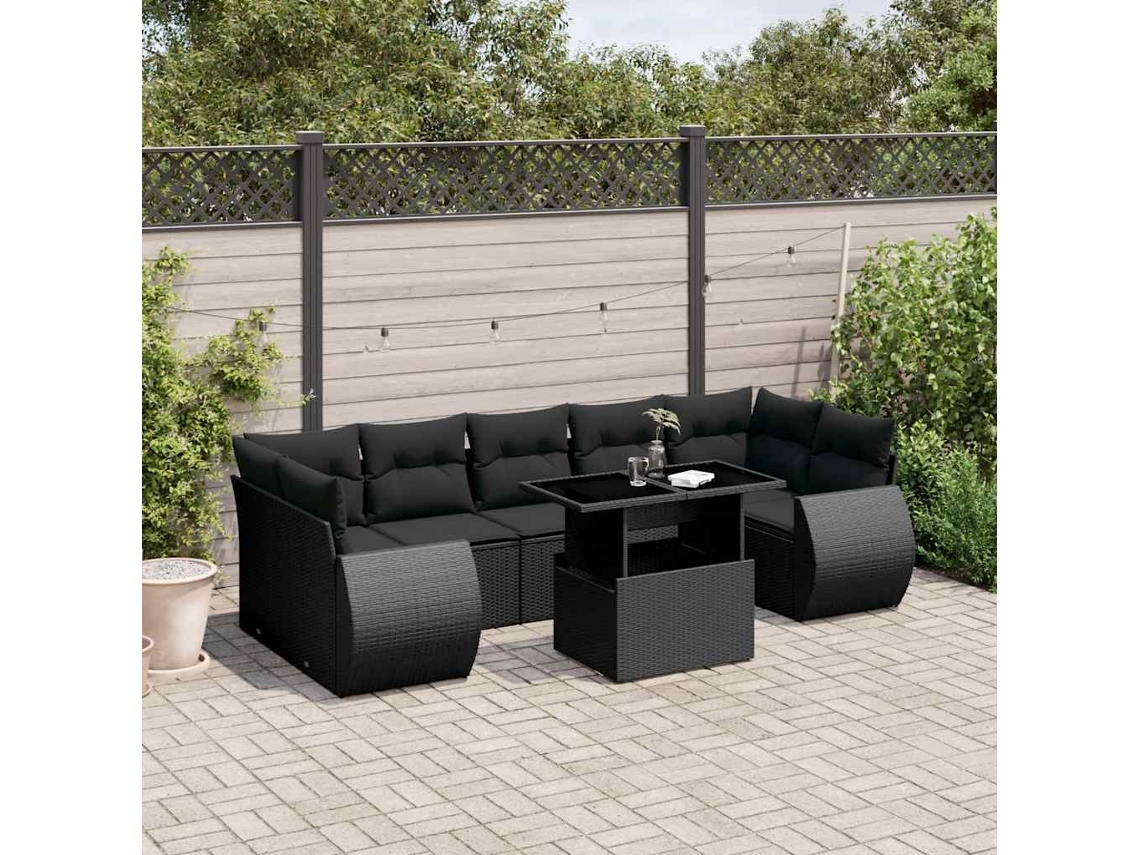 Vidaxl 8 Pcs Conjunto Sofás De Jardim Com Almofadões Vime Pe Preto