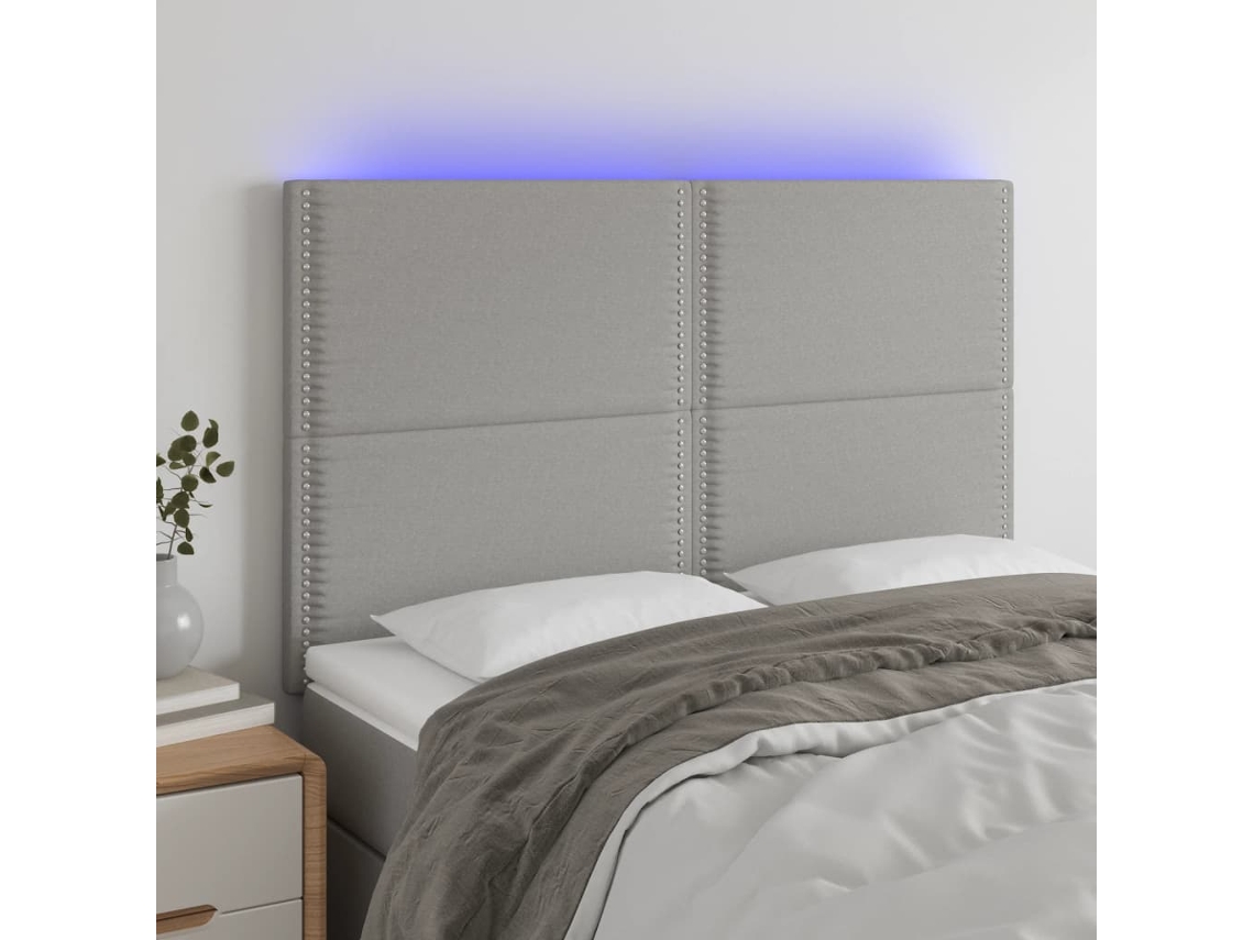 Cabecero con luces LED, tela, 144x5x118/128cm, gris claro