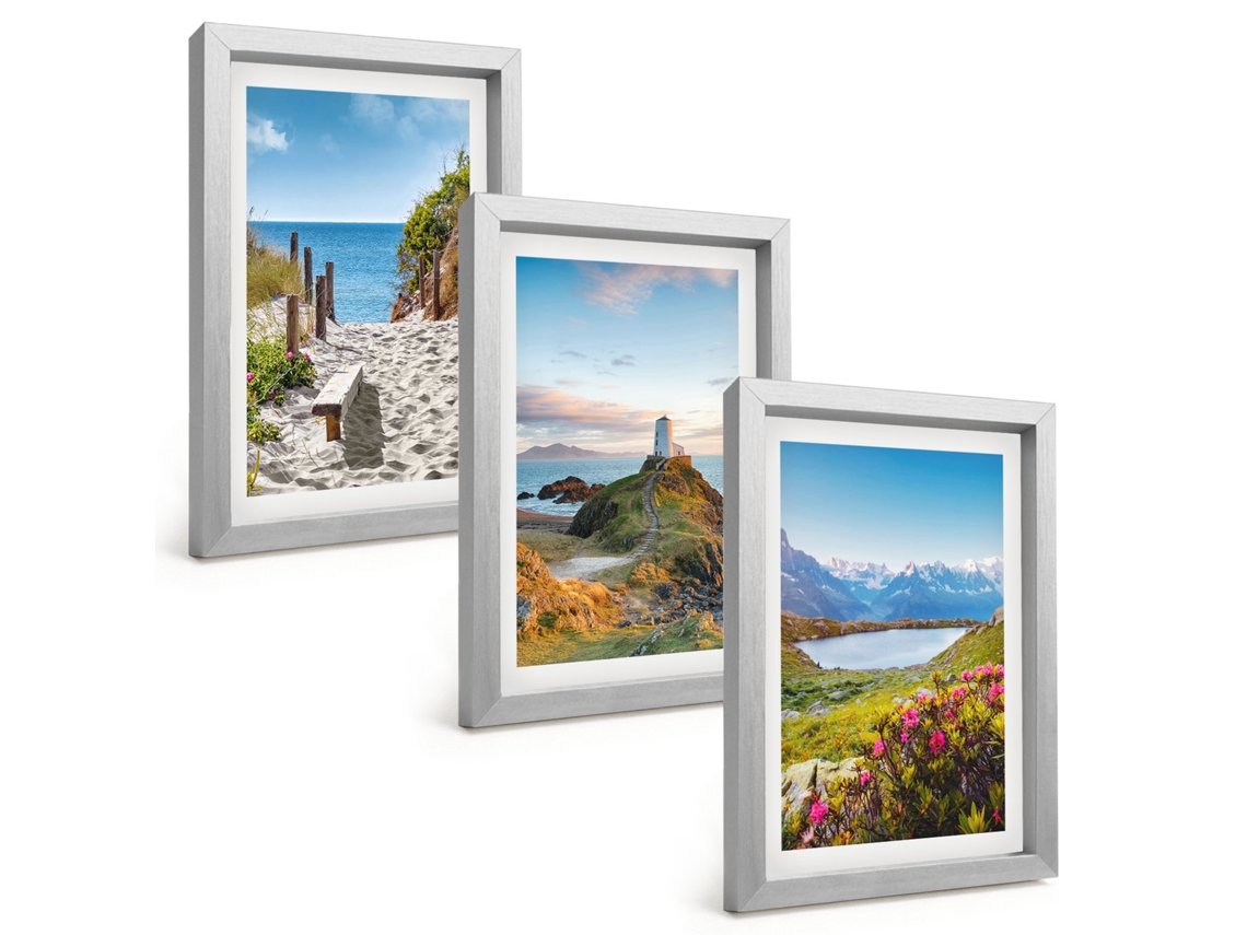 Composição De Quadros Na Paredepraia, Farol, Montanhas, Flores Moldura Prateada Quadros Para A Sala De Estar Espelharte (3 Peças 20x30 Cm)