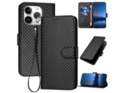 Capa De Couro Para Iphone 16 Pro - Fivela Em Fibra De Carbono - Com Cordão
