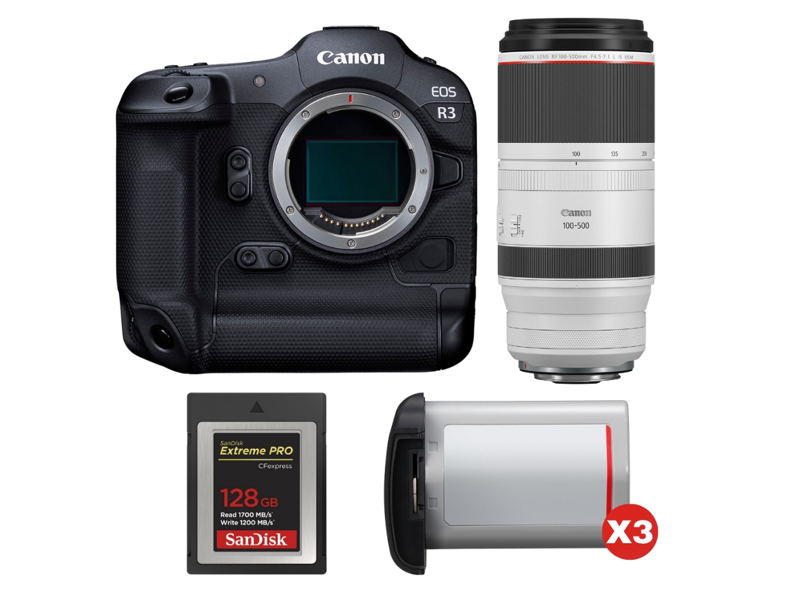 Eos R3 + Rf 100 500mm F/4.5 7.1 L Is Usm + 1 Sandisk 128gb Extreme Pro Cfexpress Type B + 3 Canon Lp e19 + Ebook Pricedirect CANON