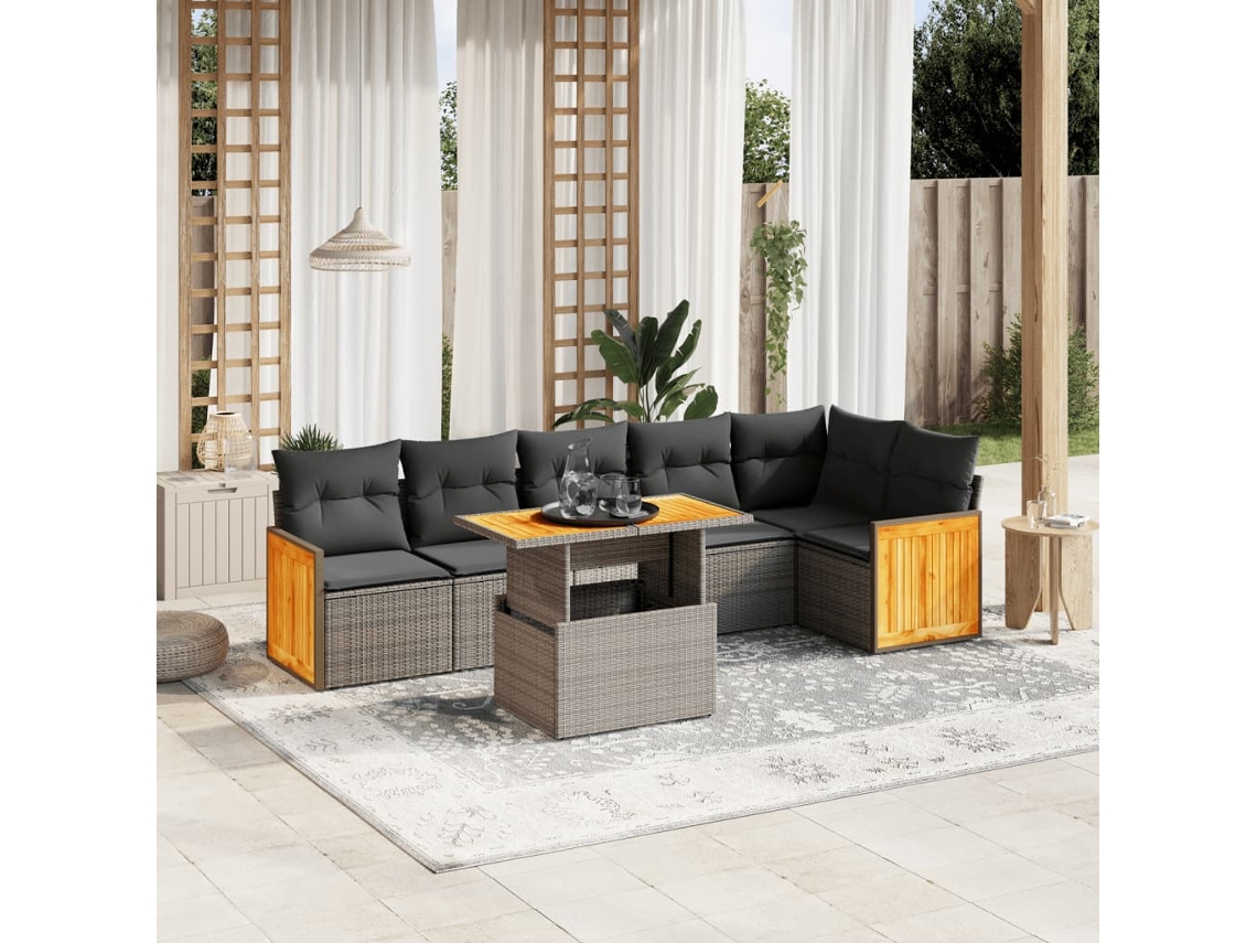 Jogo 7 Peças Sofás P/ Jardim C/ Almofadões Vime Pe Cinza Dkd Home Decor